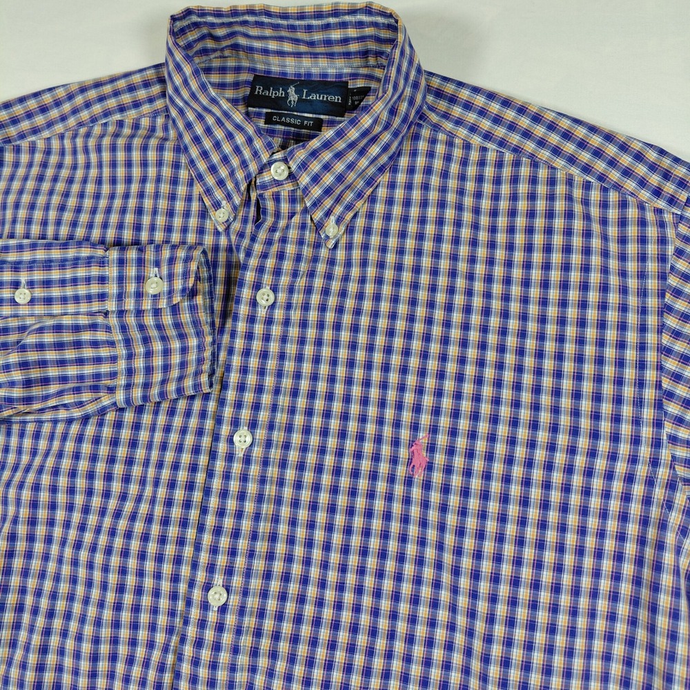 Ralph Lauren Classic Fit Mens Medium Plaid Button Down Shirt Pink‎ Pony Logo